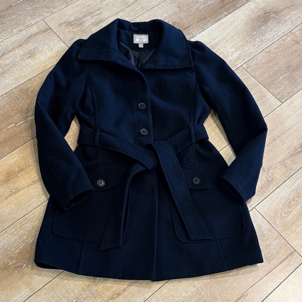 Converse One Star Womens Navy Blue Belted Pea Coat Jacket Size M